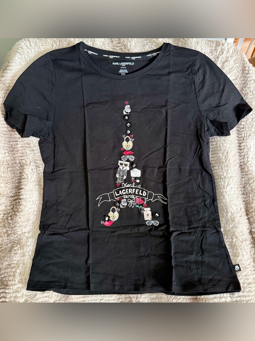 Karl Lagerfeld Black Short Sleeve Tee with Eiffel Tower Patch Graphic